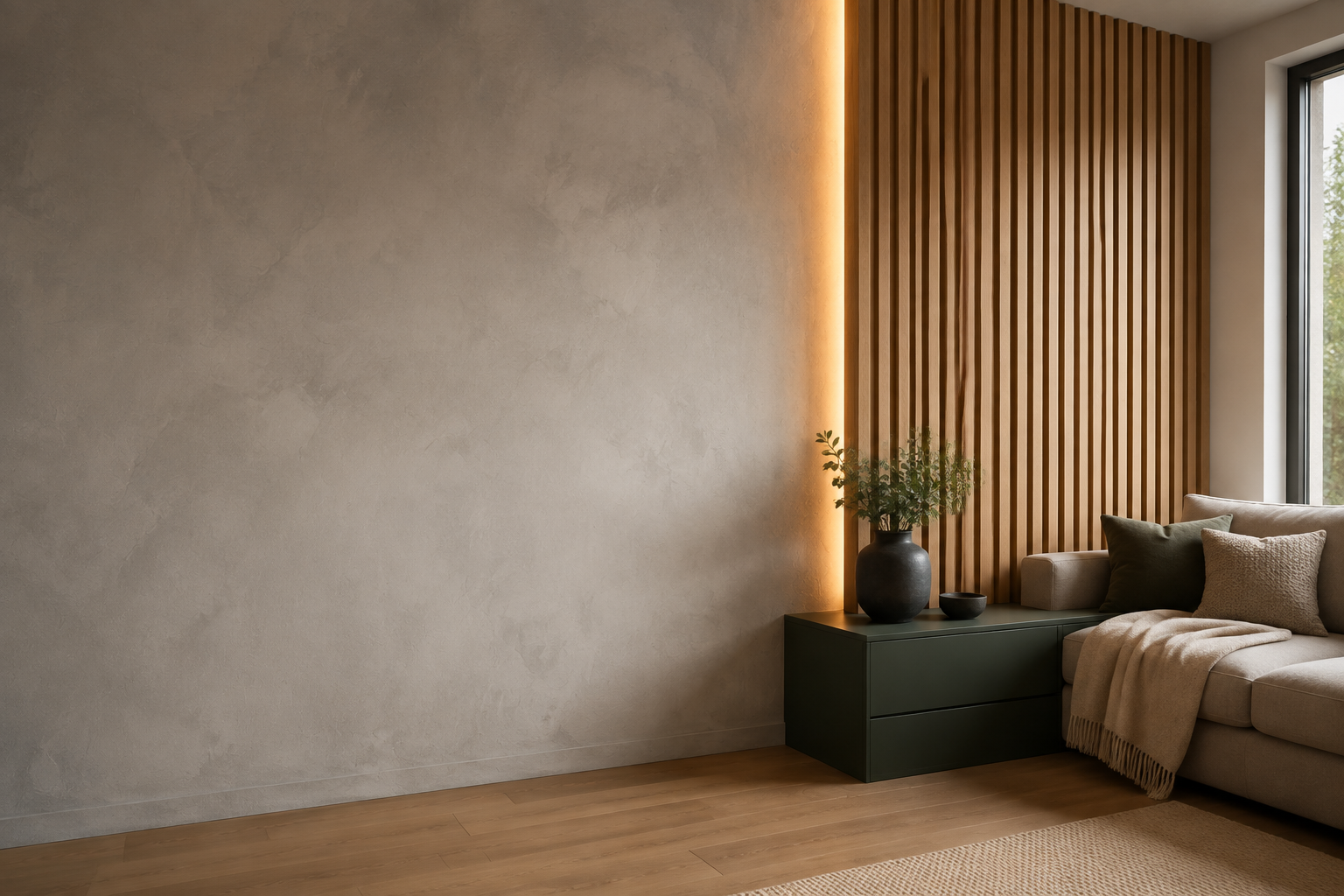 Modernes Interieur mit grauer Spachteltechnik, Eichenlamellen und warmem Licht